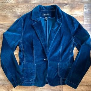 NEW YORK & COMPANY FAUX DENIM VELVET BLUE BLAZER w/YELLOW SEAMS, SIZE 10